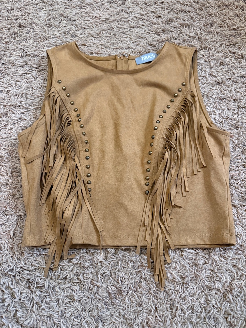 Fringed Camel Suede-Look Crop Top with Stud Detail